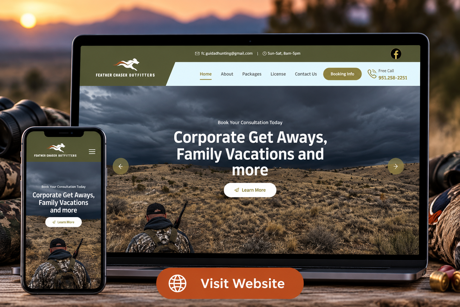 Feather Chaser Outfitters website design on laptop and phone