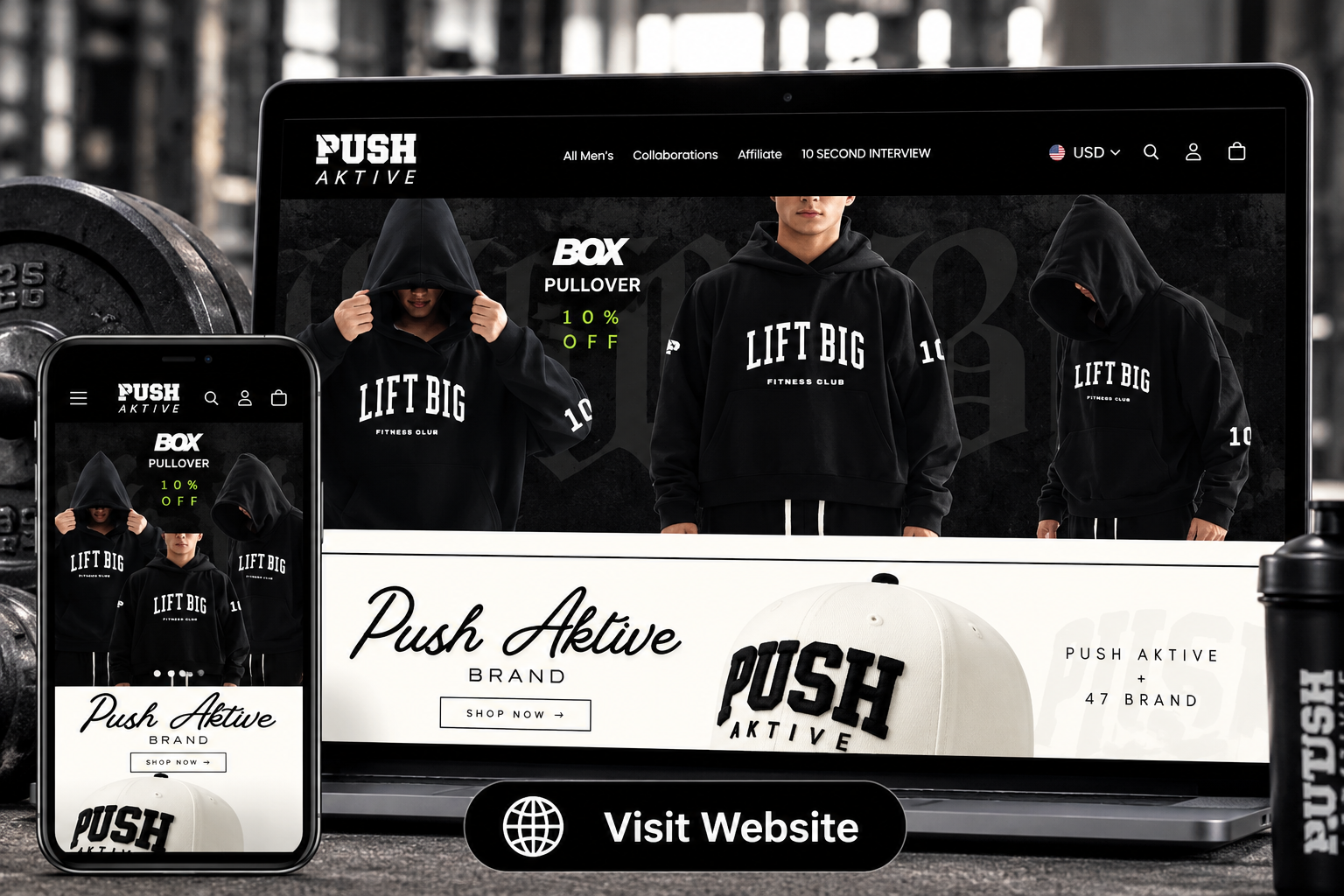 Push Aktive fitness apparel website design on laptop and phone